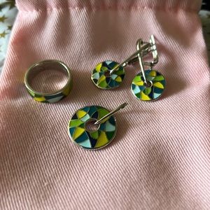 Silver enamel ring, earrings and pendant set